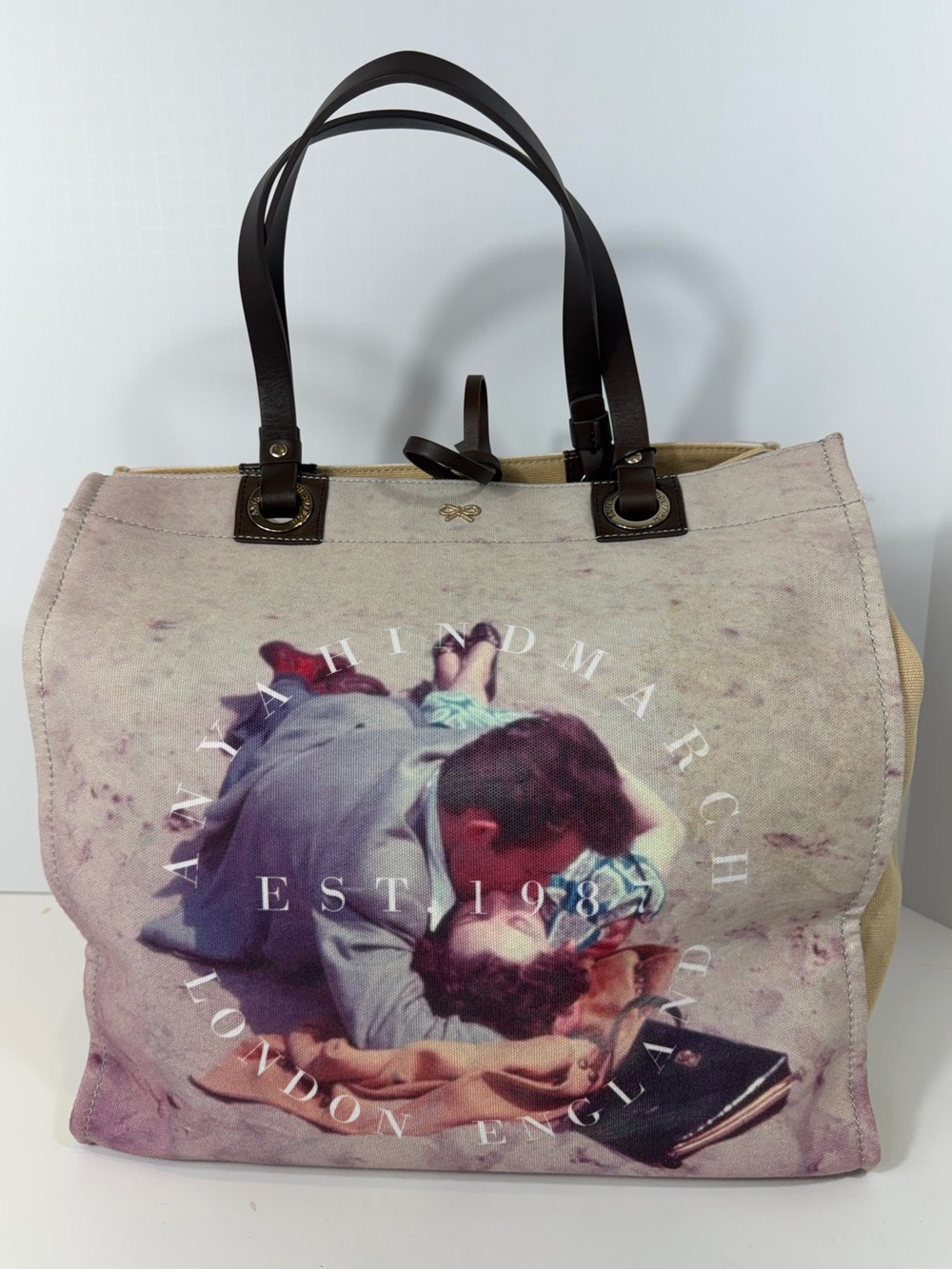 Anya Hindmarch Est 1987 London England Graphic Canvas Leather Tote Bag